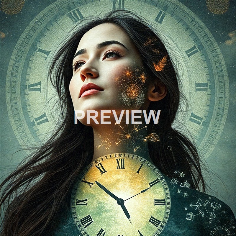 A portrait of a woman with dark hair, surrounded by clock faces and constellation-like patterns, with a dreamy, surreal atmosphere.